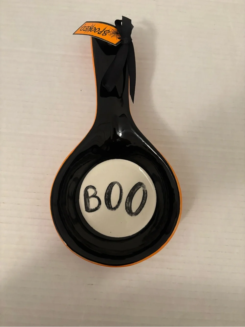 Festive 'BOO' Halloween Ceramic Spoon Rest - Black and Orange